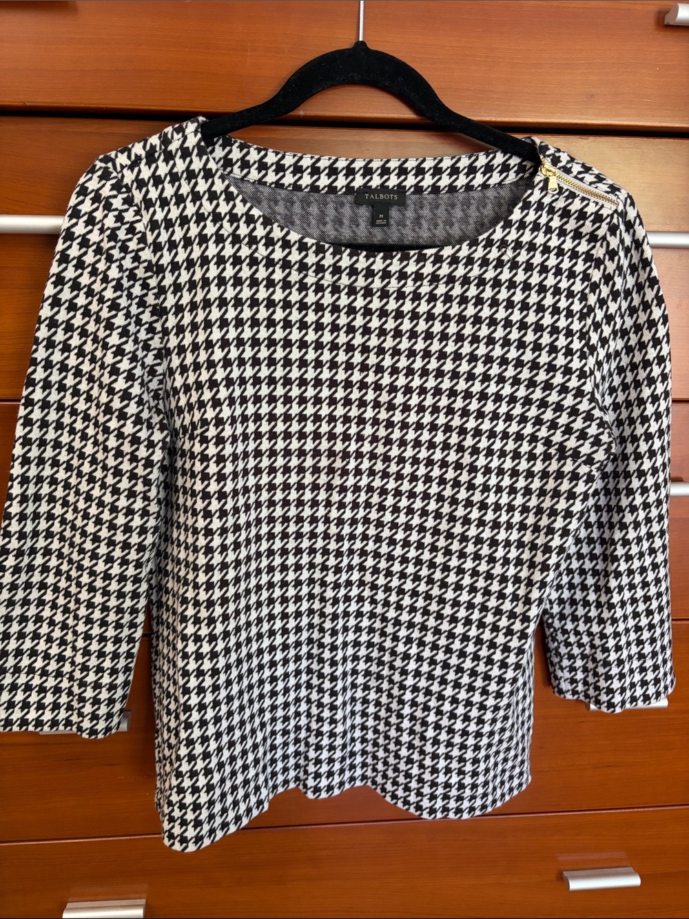 Talbots Black and White Houndstooth 3/4 Sleeve Top